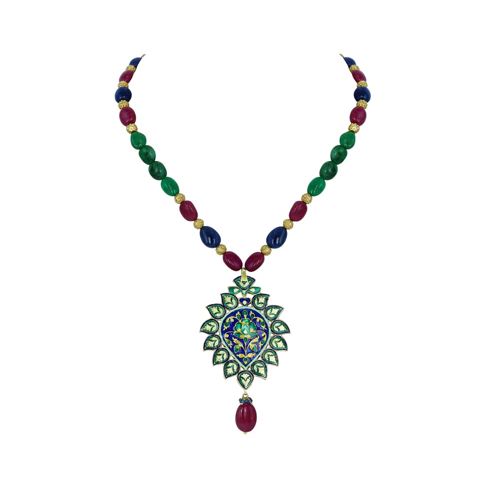 Gemstone Bead Necklace with Polki Meenakari Pendant and Ruby Drop